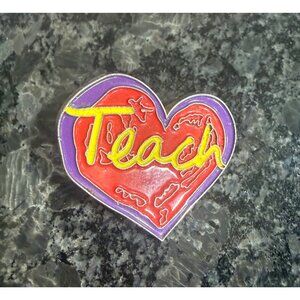 Heart-Shaped "Teach" Pin By Penzeys In Red & Purple Enamel With Gold Accents